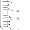 Hoge keukenkast 208 cm hoog, 1 deur, 1 vaste blende, 1 inbouwnis, 1 lade, 1 deur, 3 legplanken