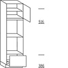 Hoge keukenkast 208 cm hoog, 1 deur, 1 vaste blende, 2 inbouwnissen, 1 korf, 1 legplank