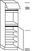 Staande kast 208 cm hoog, 1 klepdeur, 2 vaste blenden, 1 inbouwnis, 1 deur, 3 legplanken