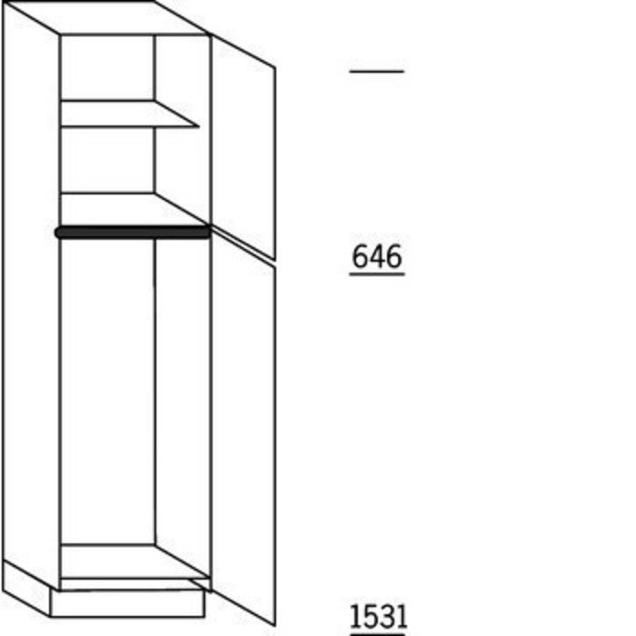 Prog. greeploos Hoge kast 221 cm hoog, 1 deur, 1 deur met inbouwnis, 1 legplank