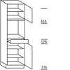 Staande kast 195 cm hoog, 1 deur, 1 vaste blende, 1 inbouwnis, 1 lade, 1 deur, 3 legplanken