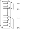 Hoge keukenkast 195 cm hoog, 1 deur, 1 vaste blende, 1 inbouwnis, 1 deur, 3 legplanken