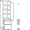 Hoge keukenkast 208 cm hoog, 1 deur, 1 vaste plank, 3 legplanken, 1 lade, 2 korven