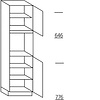 Hoge keukenkast 208 cm hoog, 1 deur, 1 vaste blende, 1 inbouwnis, 1 deur, 3 legplanken