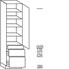 Hoge keukenkast 221 cm hoog, 1 deur, 1 vaste plank, 4 legplanken, 1 lade, 2 korven
