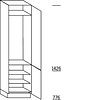 Hoge kast 221 cm hoog, 1 deur met nis 122,5 cm hoog, 1 deur, 2 legplanken