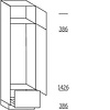 Hoge kast 221 cm hoog, 1 deur, 1 deur met nis 122,5 cm of 140 cm hoog, 1 lade met korfblende, 1 legplank