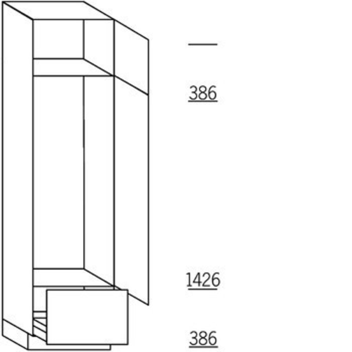 Greeploos Hoge keukenkast 221 cm hoog, 1 deur, 1 deur met nis 122,5 cm of 140 cm hoog, 1 lade met korfblende, 1 legplank