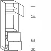 Hoge keukenkast 195 cm hoog, 1 deur, 1 vaste blende, 1 inbouwnis, 1 deur, 1 legplank, 2 korven