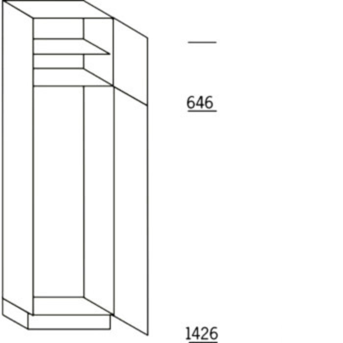 Greep op front Hoge keukenkast 208 cm hoog, 1 deur, 1 deur met nis 140 cm hoog, 1 legplank
