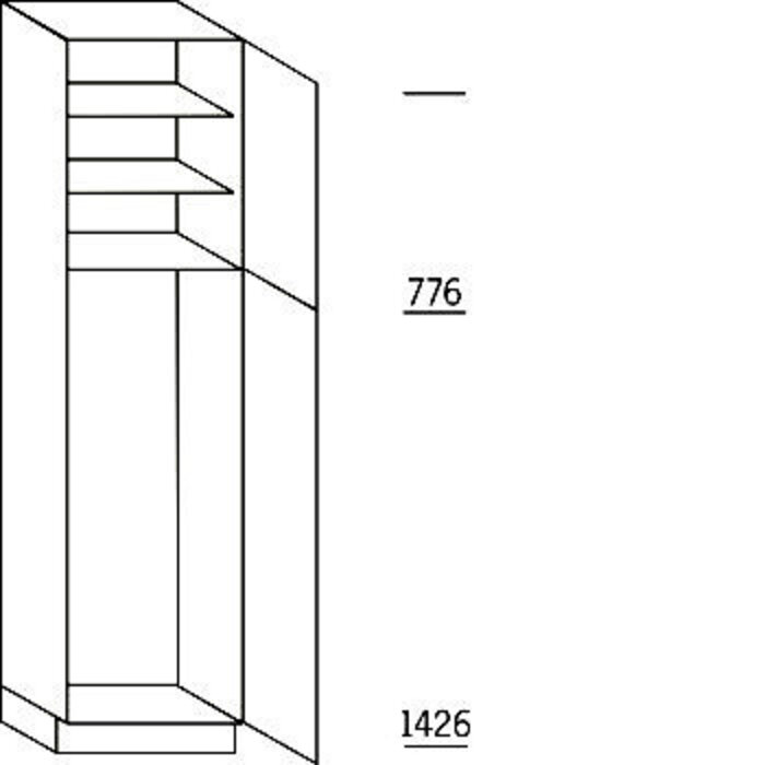 Met greep Hoge kast 221 cm hoog, 1 deur, 1 deur met nis 140 cm hoog, 1 legplank