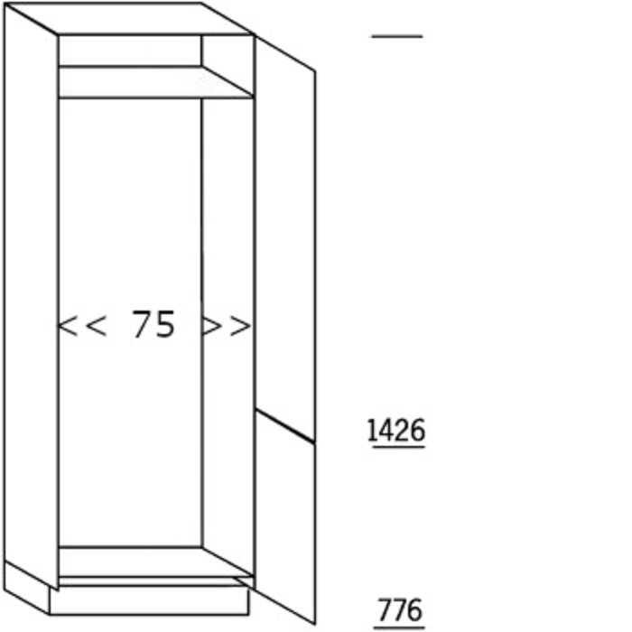 Greeploos Hoge kast 75 cm breed, 221 cm hoog, 2 deuren met nis 188,5 - 194 cm hoog