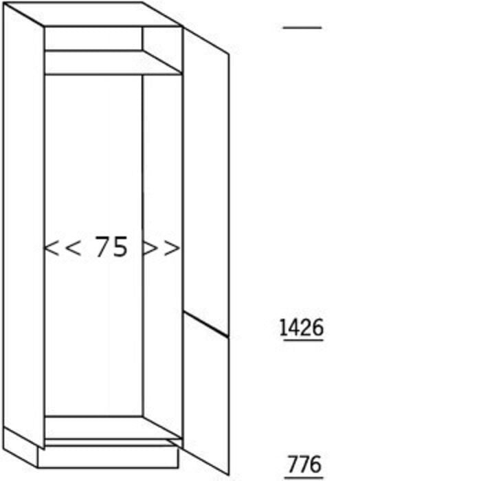 Met greep Hoge kast 75 cm breed, 221 cm hoog, 2 deuren met nis 188,5 - 194 cm hoog