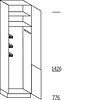 Hoge bezemkast 221 cm hoog, 2 deuren gekoppeld, 1 hakenlijst,  1 poetsmiddelenkorf