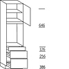 Hoge keukenkast 208 cm hoog, 1 deur, 1 vaste blende, 1 inbouwnis, 1 deur, 1 legplank, 1 lade, 2 korven