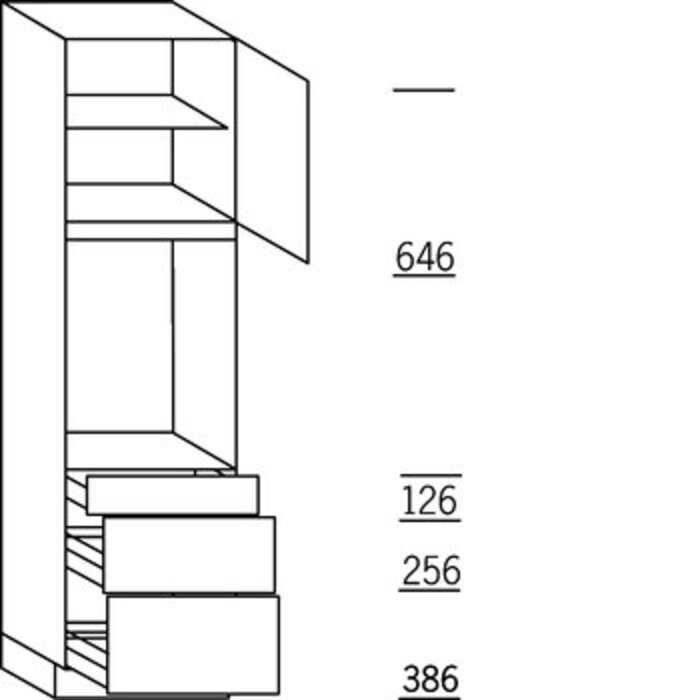 HÄCKER Systemat Hoge keukenkast 208 cm hoog, 1 deur, 1 vaste blende, 1 inbouwnis, 1 deur, 1 legplank, 1 lade, 2 korven