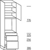 Hoge keukenkast 221 cm hoog, 1 deur, 1 vaste blende, 1 inbouwnis, 1 deur, 2 legplanken, 1 lade, 2 korven