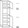 Hoge keukenkast 195 hoog, 1 deur, 1 vaste blende, 1 inbouwnis, 1 deur, 3 legplanken