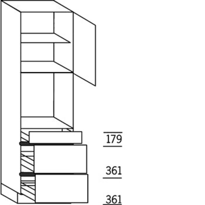 Greeploos Hoge keukenkast 208 cm hoog, 1 maatdeur, 1 inbouwnis, 1 lade, 2 korven, 1 legplank