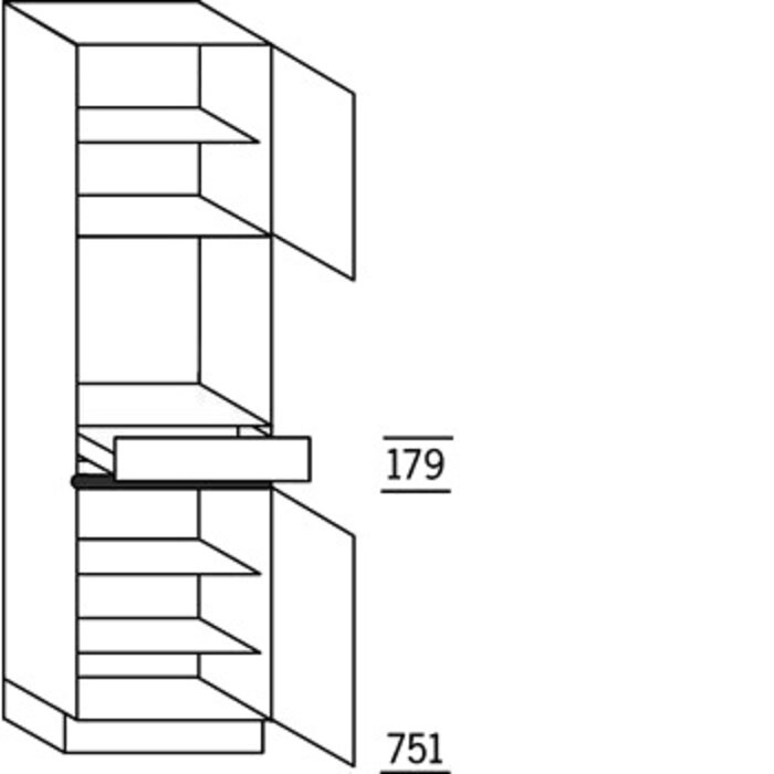 Prog. greeploos Hoge kast 208 cm hoog, 1 maatdeur, 1 inbouwnis, 1 lade, 1 deur, 3 legplanken