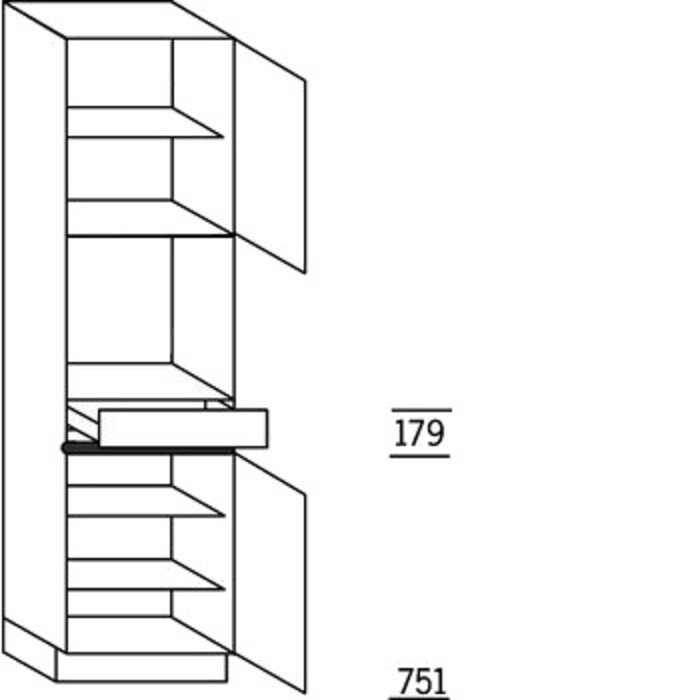Prog. greeploos Hoge kast 221 cm hoog, 1 maatdeur, 1 inbouwnis, 1 lade, 1 deur, 3 legplanken