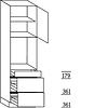 Hoge keukenkast 221 cm hoog, 1 maatdeur, 1 inbouwnis, 1 lade, 2 korven, 1 legplank
