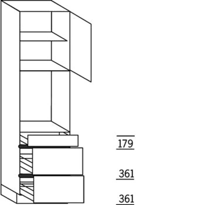 Prog. greeploos Hoge kast 221 cm hoog, 1 maatdeur, 1 inbouwnis, 1 lade, 2 korven, 1 legplank