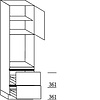 Hoge kast 221 cm hoog, 1 maatdeur, 1 inbouwnis, 2 korven, 1 legplank