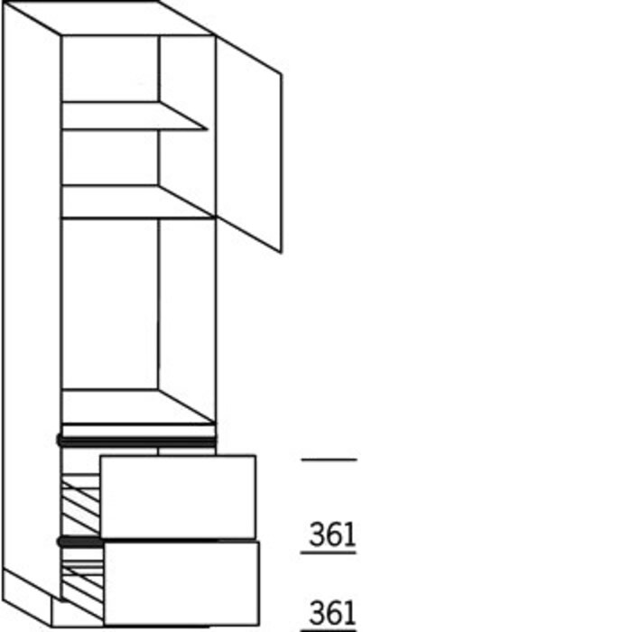 Prog. greeploos Hoge kast 221 cm hoog, 1 maatdeur, 1 inbouwnis, 2 korven, 1 legplank