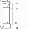 Hoge keukenkast 221 cm hoog, 1 deur, 1 deur met nis 122,5 cm  hoog, 1 lade met korfblende, 1 legplank