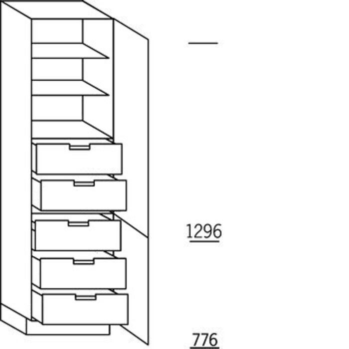 Greep op front Hoge keukenkast 208 cm hoog, 2 deuren, 5 binnenkorven met afstandhouders