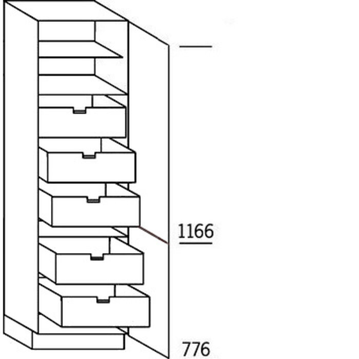 Greeploos Hoge keukenkast 195 cm hoog, 2 deuren, 5 binnenkorven