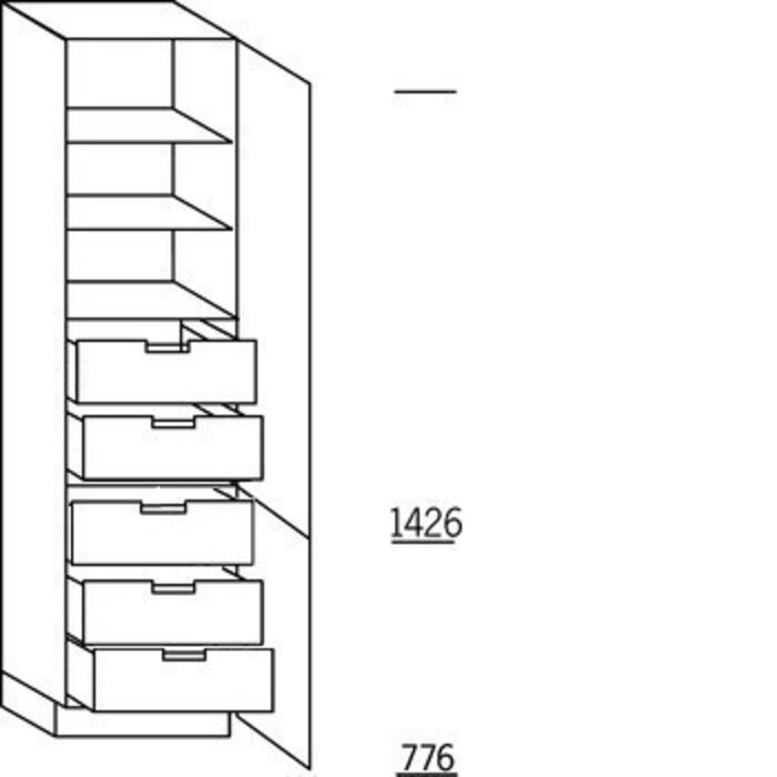 Greeploos Hoge keukenkast 221 cm hoog, 2 deuren, 5 binnenkorven met afstandhouders
