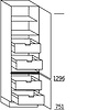 Hoge kast 208 cm hoog, 2 deuren, 2 vaste planken, 1 legplank, 4 binnenkorven met afstandhouders