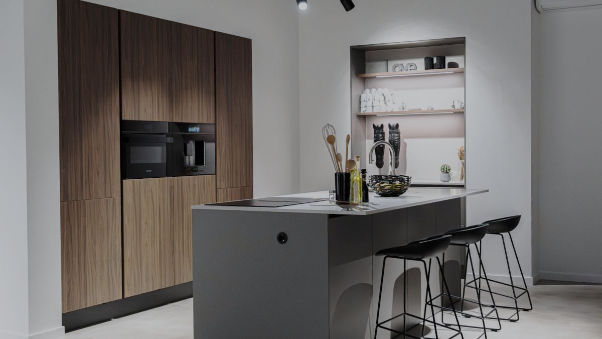 Systemat AV 2041 walnoten natuur van HÄCKER keukens in showroom Roelofarendsveen