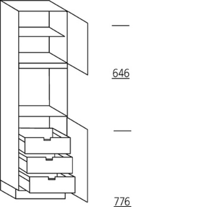 Systemat 'met greep' Hoge keukenkast 208 cm hoog, 1 deur, 1 inbouwnis, 1 deur, 1 legplank, 3 binnenkorven