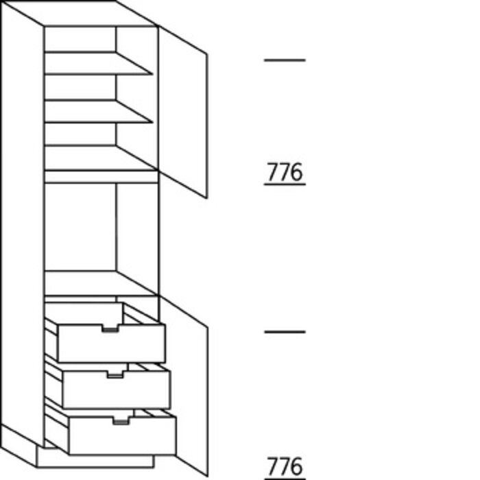 Systemat 'met greep' Hoge keukenkast 208 cm hoog, 1 deur, 1 inbouwnis, 1 deur, 2 legplanken, 3 binnenkorven