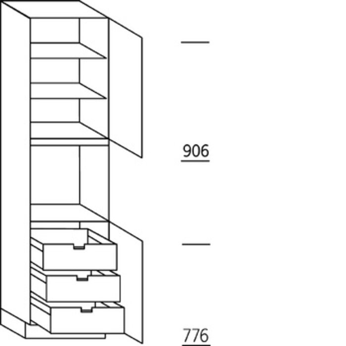 Systemat 'met greep' Hoge keukenkast 221 cm hoog, 1 deur, 1 inbouwnis, 1 deur, 2 legplanken, 3 binnenkorven