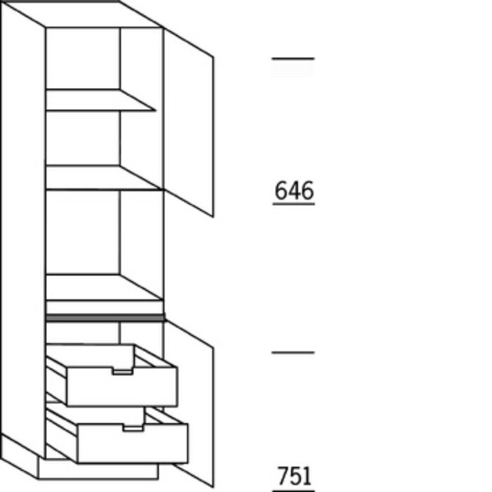 Systemat 'greeploos' Hoge keukenkast 208 cm hoog, 1 maatdeur, 1 inbouwnis, 1 deur, 1 legplanken, 2 binnenkorven