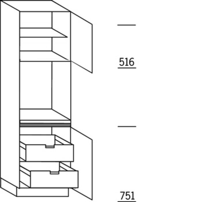 Systemat 'greeploos' Hoge keukenkast 208 cm hoog, 1 maatdeur, 1 inbouwnis, 1 deur, 1 legplank, 2 binnenkorven