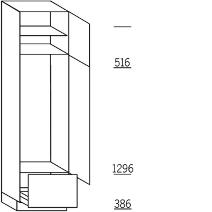 Met greep Hoge kast 221 cm hoog, 1 deur, 1 deur met nis 122,5 cm  hoog, 1 lade met korfblende, 1 legplank