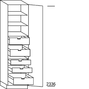 Systemat 'greeploos' Hoge keukenkast 234 cm hoog, 1 deur, 2 binnenladen, 3 binnenkorven (165° scharnieren!)