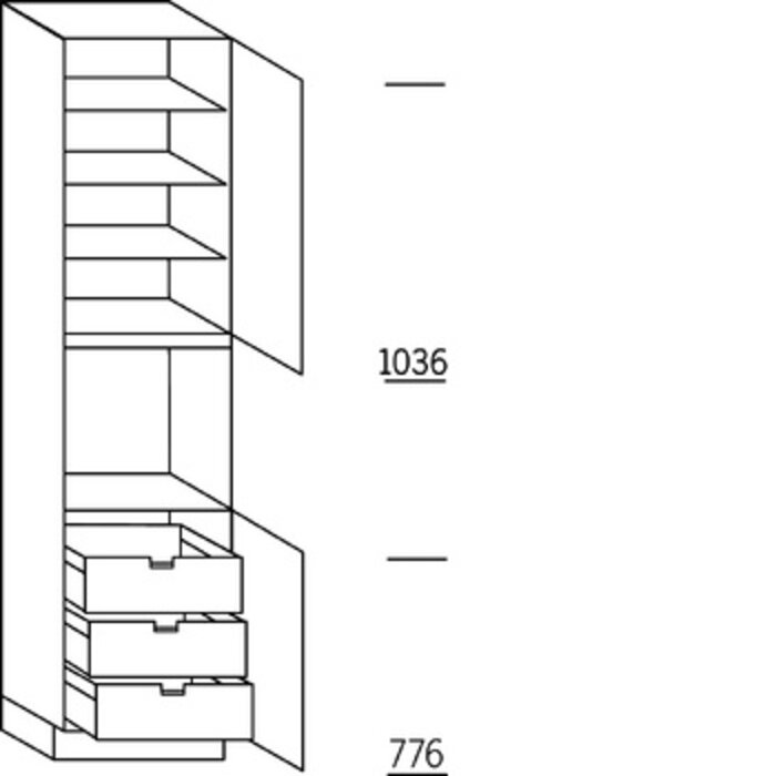 Systemat 'greeploos' Hoge keukenkast 234 cm hoog, 1 deur, 1 inbouwnis, 1 deur, 3 legplanken, 3 binnenkorven
