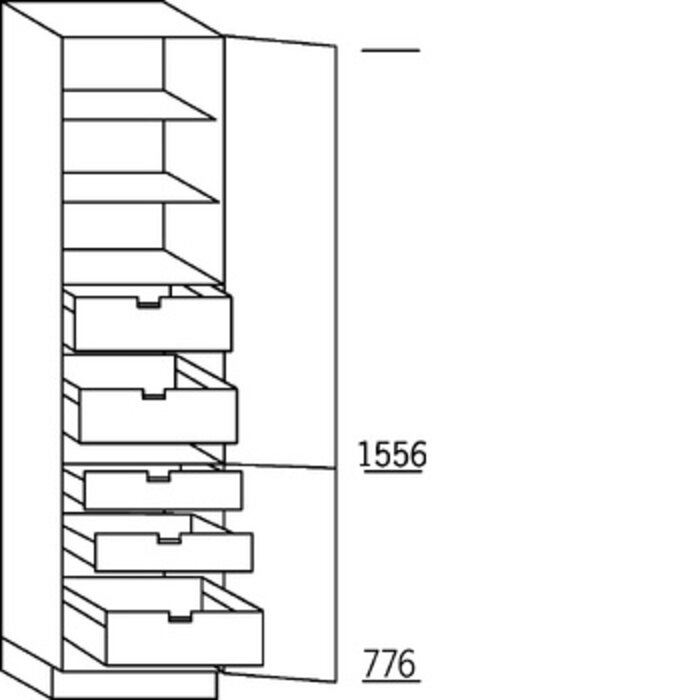 Greep op front Hoge keukenkast 234 cm hoog, 2 deuren, 2 binnenladen, 3 binnenkorven (165° scharnieren!)