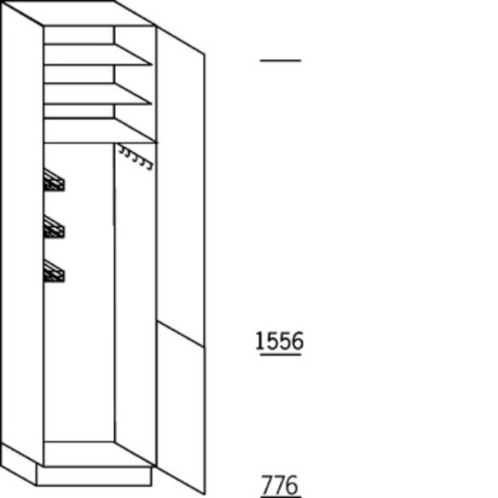 Met greep Hoge bezemkast 234 cm hoog, 2 deuren gekoppeld, 1 hakenlijst, 1 poetsmiddelenkorf