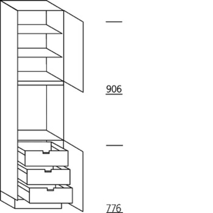 Systemat 'met greep' Hoge keukenkast 234 cm hoog, 1 deur, 1 inbouwnis, 1 deur, 2 legplanken, 3 binnenkorven