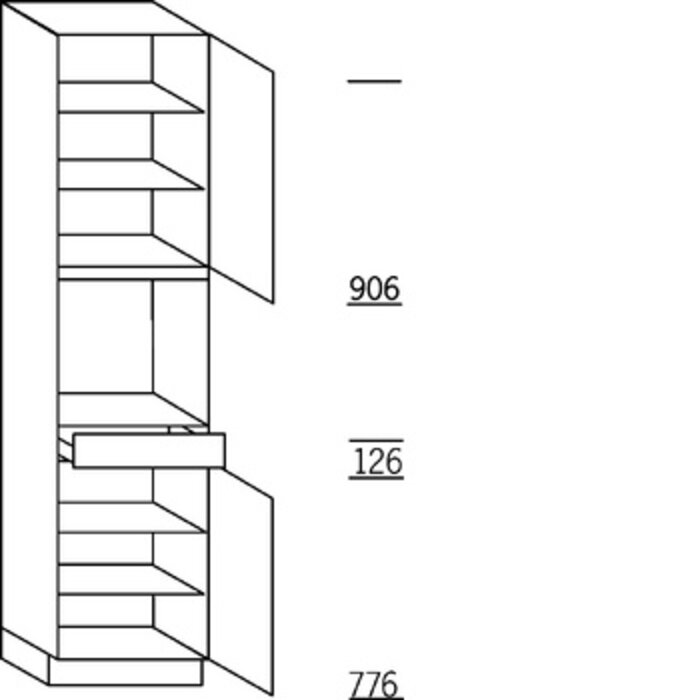 Systemat 'met greep' Hoge keukenkast 234 cm hoog, 1 deur, 1 inbouwnis, 1 lade, 1 deur, 4 legplanken