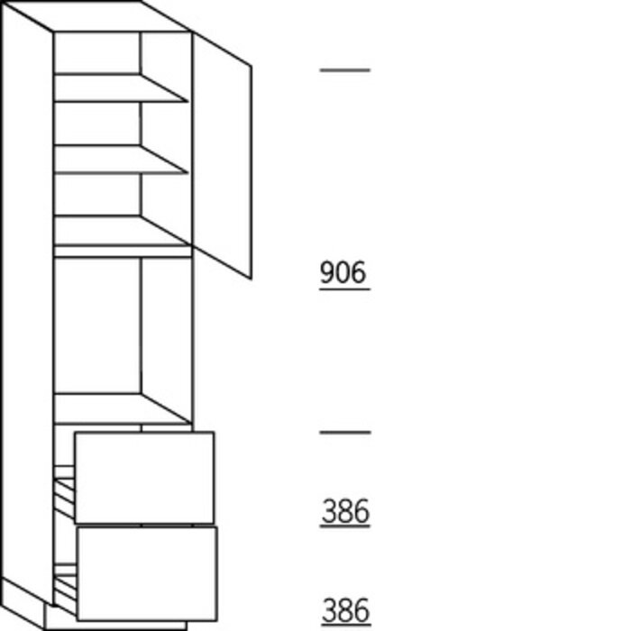 Systemat 'met greep' Hoge keukenkast 234 cm hoog, 1 deur, 1 inbouwnis, 1 deur, 2 legplanken, 2 korven