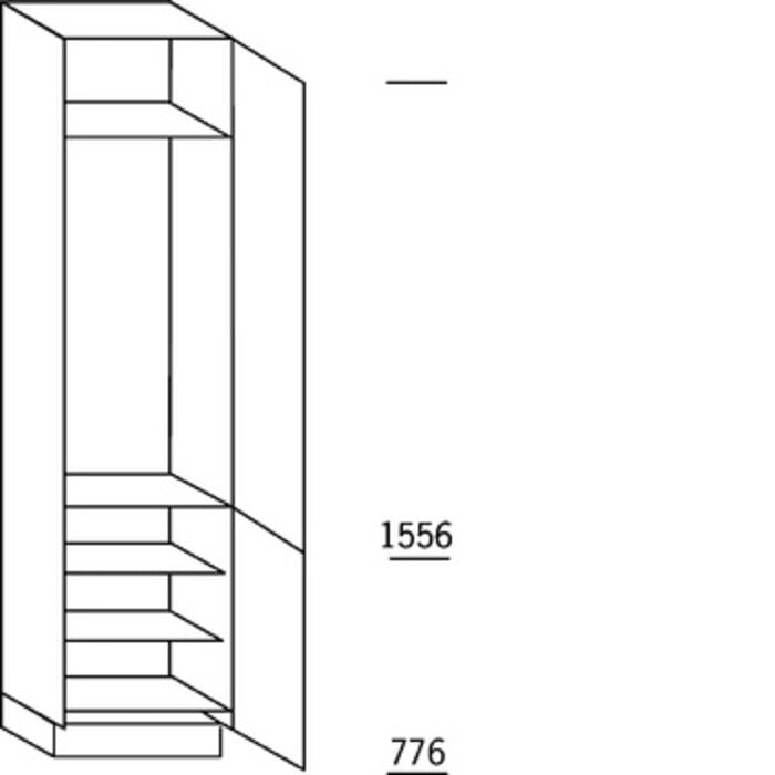 Met greep Hoge kast 234 cm hoog, 1 deur met nis 122,5 cm hoog, 1 deur, 2 legplanken