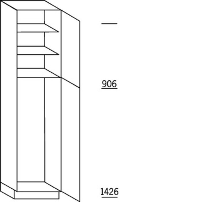 Met greep Hoge kast 234 cm hoog, 1 deur, 1 deur met nis, 2 legplanken